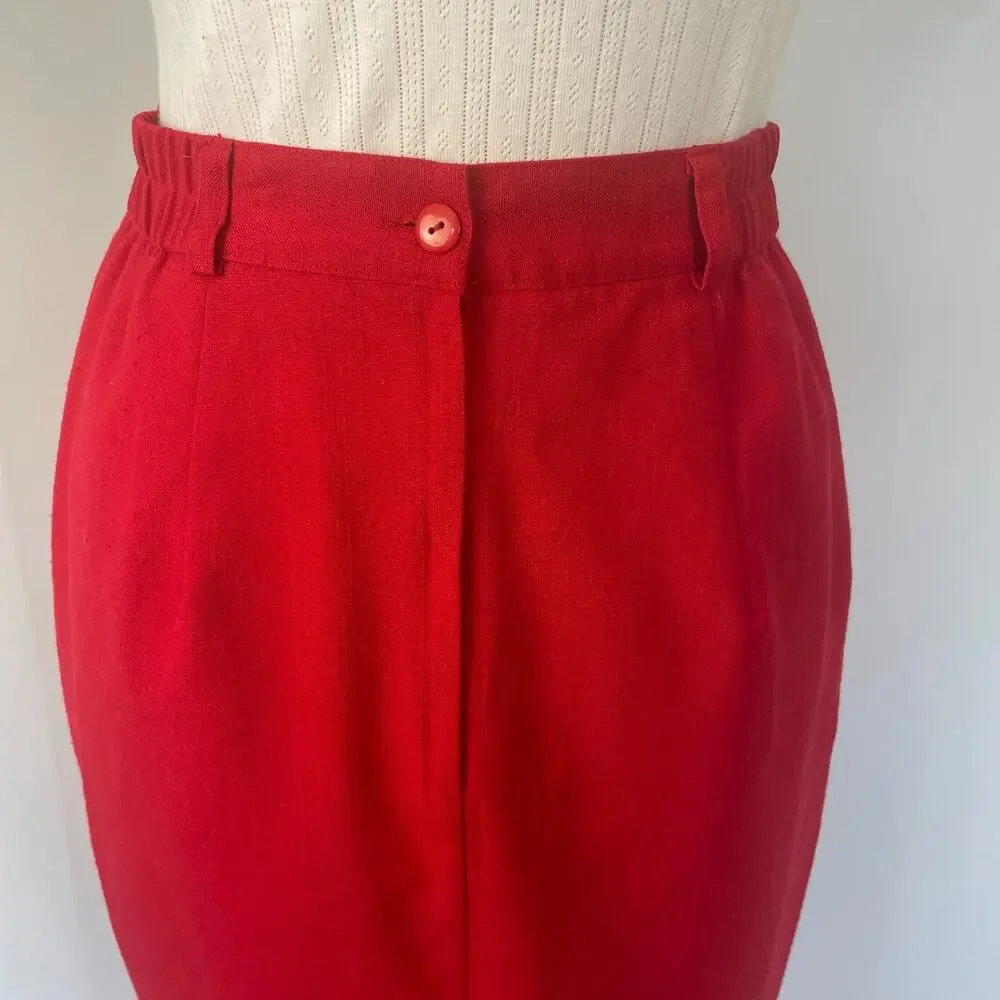 Vintage Pencil Skirt Size 12 Red Solid High Rise Midi Minimal Retro Career 90s